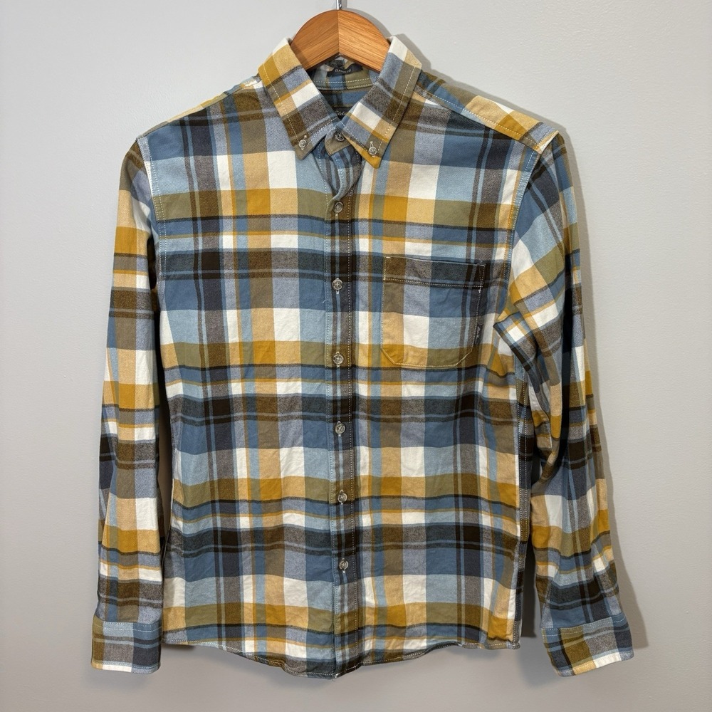Eddie Bauer Men’s Small Flannel Shirt Yellow Blue Plaid Long Sleeve Classic Fit